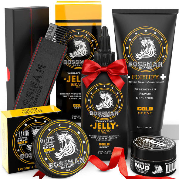 Bossman Complete Beard Kit for Men - Men's Beard Oil Jelly, Fortifying Shower Conditioner, Balm, Mustache Wax & Comb – Beard Softener & Grooming Care