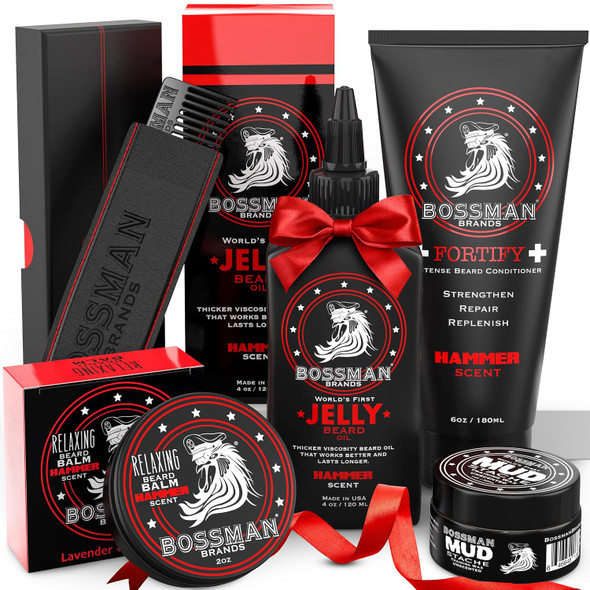 Bossman Complete Beard Kit for Men - Men's Beard Oil Jelly, Fortifying Shower Conditioner, Balm, Mustache Wax & Comb – Beard Softener & Grooming Care