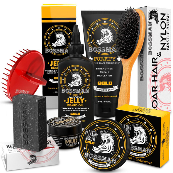 Bossman Big Boss Beard Care Kit for Men - Gifts for Dads, 7 Piece Beard Grooming Kit w/Jelly Beard Oil, Beard Conditioner, Beard Balm, MUDstache Wax, Bar Soap, Shower Brush, Oval Brush