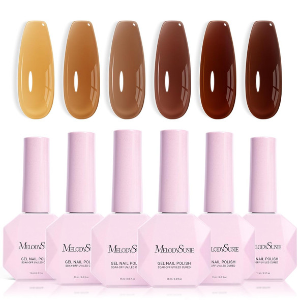 MelodySusie Jelly Gel Nail Polish Set,6 Transparent Colors,Milky or Jelly Texture,Classic Basic Colors Soak Off UV LED Light Cure or Salon Manicure and Nail Art DIY at Home