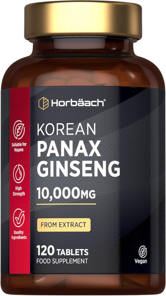Panax Ginseng High Strength 10,000mg | 120 Tablets | Korean Panax Ginseng from Extract | Suitable for Vegetarians and Vegans | By Horbaach