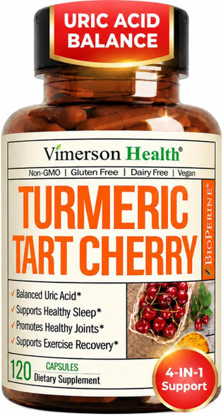Tart Cherry Capsules – 4-in-1 Turmeric Tart Cherry Supplement for Uric Acid Balance & Joint Health – 10:1 Tart Cherry Extract Capsules with Celery Seed Turmeric Curcumin & Black Pepper – 60 Count