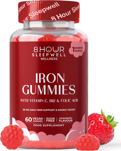 8 Hour Sleepwell Iron Gummies – Sugar-Free & Vegan | High Strength 20mg for Energy, Immunity | with Vitamin C, B12 & Folic Acid | Alternative to Iron Tablets & Drops | Supplements for Women & Men | 1 Month Supply