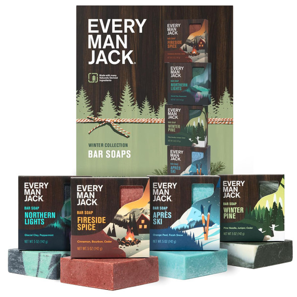 Every Man Jack Body Bar Soap for Men Winter Scents Variety Pack 5oz 4pk Cold Processed Deeply Cleans Moisturizes Skin Plant Based Shea Butter and Coconut Oil Hand + Body Soap Rich Lather
