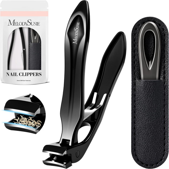 MelodySusie Wide Jaw Opening Nail Clippers Set, 2 pcs Toenail Clippers for Seniors Thick Nails, Anti-Splash Curved and Slanted Nail Clippers for Men Women, Fingernail Cutter with Catcher, Black
