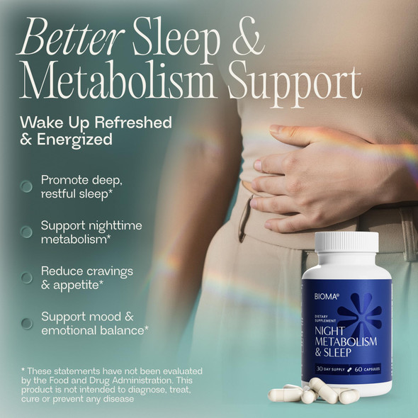 BIOMA Night Metabolism & Sleep - Supports Digestion Energy Metabolism & Restful Sleep with Melatonin Vitamin D Magnesium & More - 60 Capsules (30-Day Supply)