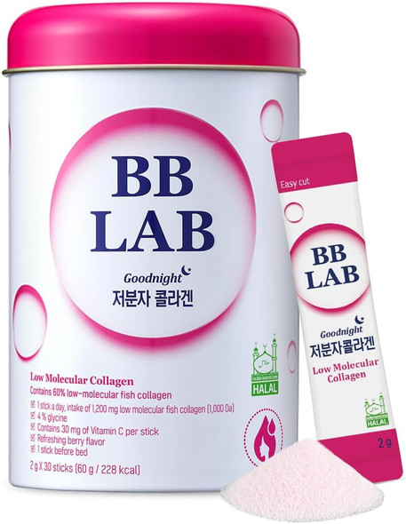 BB LAB Good Night Low Molecular Collagen Powder Stick Supplement, Halal Certified, Korean Marine Collagen, Fish Collagen Peptides, Vitamin C, Glycine, Fast Absorption