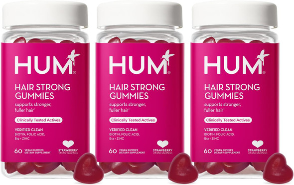 HUM Hair Strong Gummies Hair Growth Support  Folic Acid Fo-Ti Root Extract BiotinZinc andB12 Vegan Strawberry Gummies Women and Men