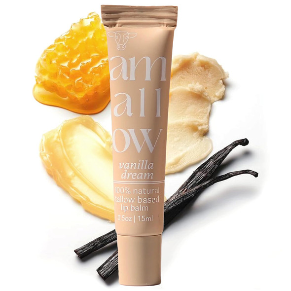 Amallow All Natural Tallow Lip Balm Squeezable Tube  Grass FedFinished Beef Tallow  Organic Beeswax and Vanilla Essential Oil .5 OZ