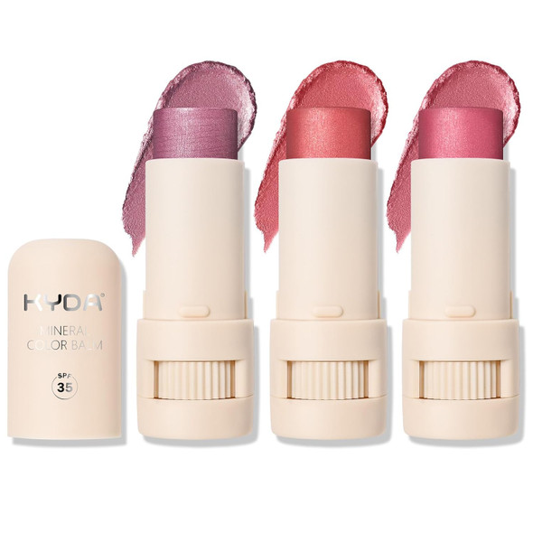 KYDA 2 Colors Mineral Color Balm, SPF 35, Buildable Shimmer Color for Lip and Cheek, Natural Shimmer Cream Blush Stick, Lightweight Blendable, Multiuse Makeup Balm, SHY+LOVELY
