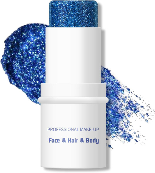 KYDA Body Glitter Stick, Chunky Blue Glitter Gel for Face Body Hair, Sparkling Holographic Mermaid Sequins Paint, Waterproof Multiuse Makeup Glitter Gel