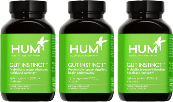 HUM Gut Instinct Daily Probiotic Digestive and  Immune Support 25 Billion CFU 10 Strains, Lactobacillus and  Bifidobacterium Women and Men Vegan