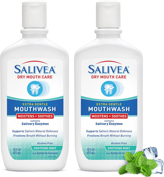 SALIVEA Dry Mouth Mouthwash Soothing Mint Flavor 16 oz Bottle   Natural salivary enzymes gently freshen breath and aid daily oral care sensitive mouth formula for kids and adults