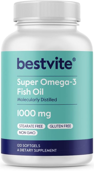 BESTVITE Super Omega 3 1000mg 120 Softgels Molecularly Distilled High Potency Fish Oil Supplement with EPA and DHA  No Stearates  Non GMO  Gluten Free