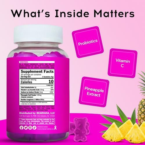 BEARVANA Vaginal pH Support & Probiotic Gummies for Women | Feminine Wellness & Intimate Care Supplement with Vitamin C | Pineapple Flavor | 60 Gummies