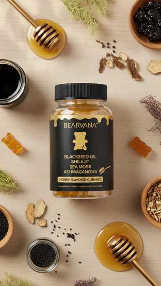 BEARVANA Black Seed Oil Gummies with Shilajit, Sea Moss & Ashwagandha | Honey Flavored Dietary Supplement | Vegan Friendly | 60 Gummies