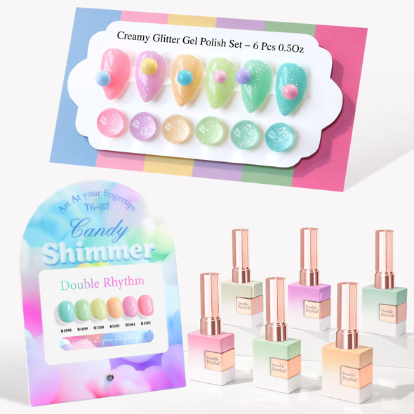 Double Rhythm 6 Pcs 15 ML Gel Nail Polish Set Kit Color Swatches (T6-87) | Full Size Same Color Same Bottle Nail Art Manicure Salon DIY at Home Glitter Shimmer Pink Green Blue Purple