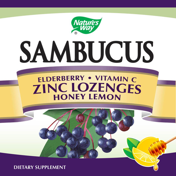 Nature's Way Sambucus Zinc Lozenges with Elderberry and Vitamin C, Honey Lemon Flavor, Gluten Free, Kosher Certified