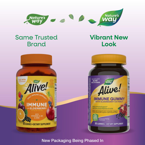 Nature's Way Alive! Immune Gummies, Food-Based Blend (150mg per serving) and Elderberry, Gluten Free, Made with Pectin, 90 Gummies