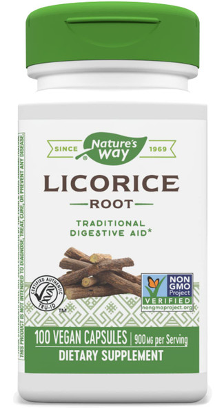 Nature's Way Licorice Root Capsules, 900 mg per serving, Premium Supplement, 100 Vegan Capsules