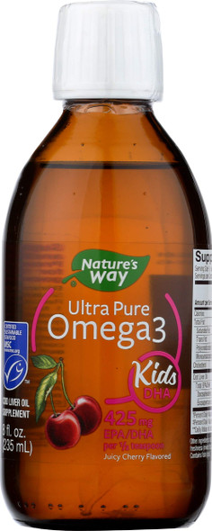 Natures Way Ultra Pure Omega-3 Kids DHA Liquid Fish Oil Supplement, Juicy Cherry Flavor, 8 Fl Oz