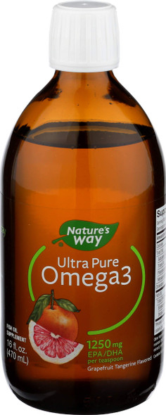 Natures Way Ultra Pure Omega3 Liquid Fish Oil Supplement, Grapefruit Tangerine Flavor, 16 Fl Oz