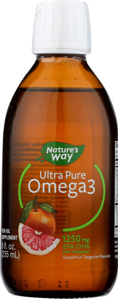 Natures Way Ultra Pure Omega3 Liquid Fish Oil Supplement, Grapefruit Tangerine Flavor, 8 Fl Oz