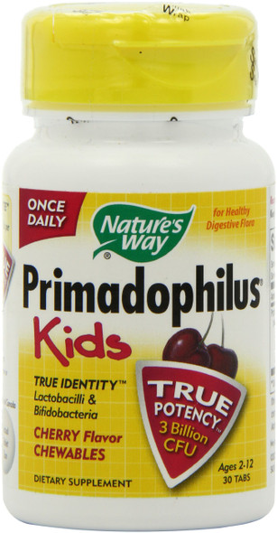 Nature's Way Primadophilus Kids 3 Billion CFU, 30 Cherry Flavored Chews, for Kids Ages 2-12, Pack of 2