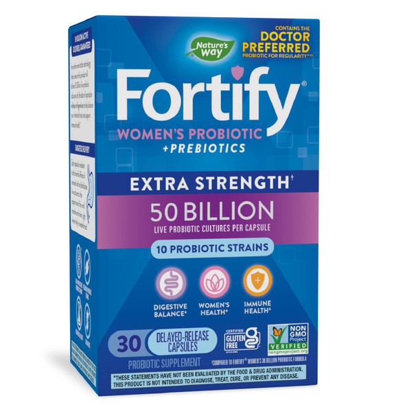 Natures Way Fortify Womens 50 Billion Daily Probiotic Supplement, 10 Probiotic Strains, Digestive Health*, Immune Support*, Womens Health*, Non-GMO, No Refrigeration Required, 30 Capsules