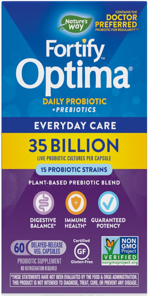 Natures Way Fortify Optima Daily Probiotic, 35 Billion, 15 Strains, Prebiotic, 60 Capsules