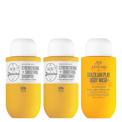 Sol De Janeiro Ultimate Shower Bundletravel Size Mini Brazilian Play Moisturizing Shower Cream Gel Body Wash plus Brazilian Joia Damage Repairing Shampoo And Conditioner Set