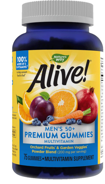 Natures Way Alive! Mens 50+ Premium Gummies, 15 Vitamins and Minerals, Grape, Orange and Cherry Flavored Gummies, 75 Gummies