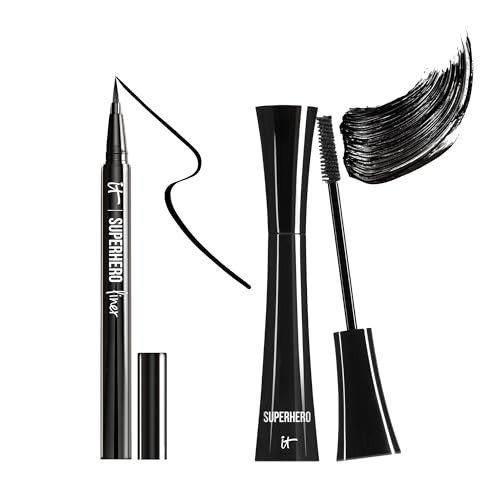 It Cosmetics Superhero Eyedefining Makeup Essentials Bundle Buildable Fuller Lash Line Superhero Volumizing And Lengthening Black Mascara plus Superhero Waterproof And Smudgeproof Liquid Eyeliner