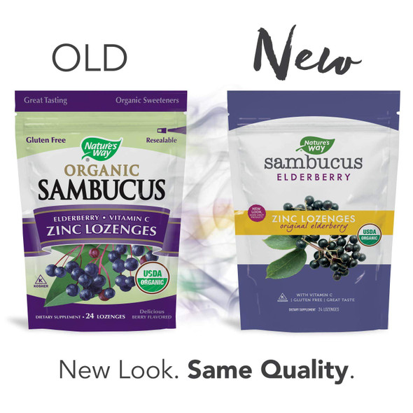 Natures Way Sambucus Organic Zinc Lozenges, Elderberry and Zinc Lozenges with Vitamin C, Certified Organic, Berry Flavored, 24 Lozenges