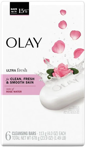 Olay Ultra Fresh Bath Bar For Clean Fresh And Smooth Skin With Notes Of Rosewater 23.9 Oz 678G 6 Count Pack Of 1