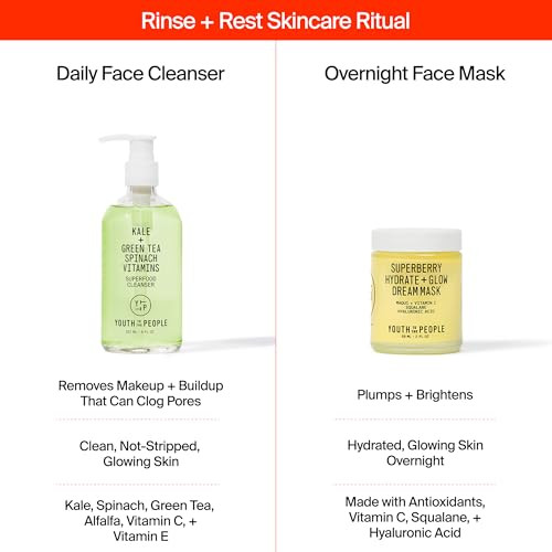 Youth To The People Rinse plus Rest Duo 2Pc Skincare Bundle Set Superberry Hydrate plus Glow Dream Overnight Face Mask plus Superfood Kale plus Green Tea Facial Cleanser Dull Dry Skin Types 2Oz 8Oz