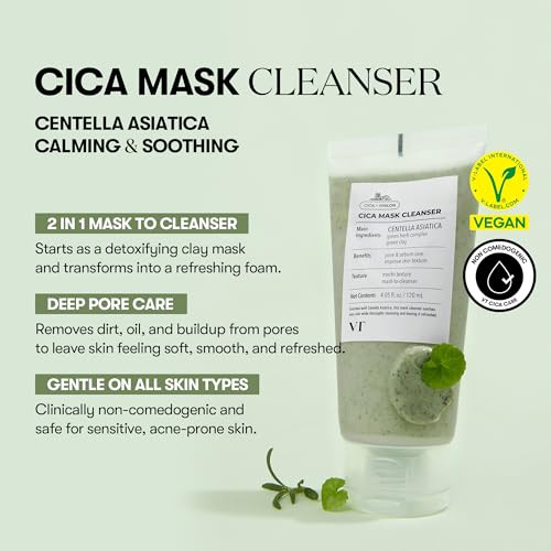 Vt Cosmetics Cica Mask Cleanser 2In1 Facial Wash Nondrying Clay Mask Gentle Pore Care Exfoliating Hydrating Centella Asiatica For Acneprone And Sensitive Skin Korean Skincare 4.05 Fl. Oz