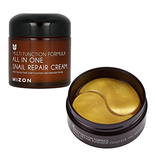 Mizon Snail Repair Intensive Gold Eye Gel Patch And All In One Snail Repair Cream. Total Antiaging Care Moisturizing Skin Regeneration.