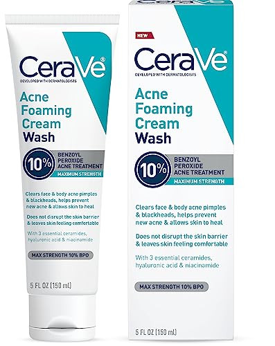 Cerave Acne Foaming Cream Wash 10% Benzoyl Peroxide Facial Cleanser 5Oz10% Benzoyl Peroxide Cleanser With Hyaluronic Acid And Niacinamide Clears Pimples And Acts As A Blackhead Remover