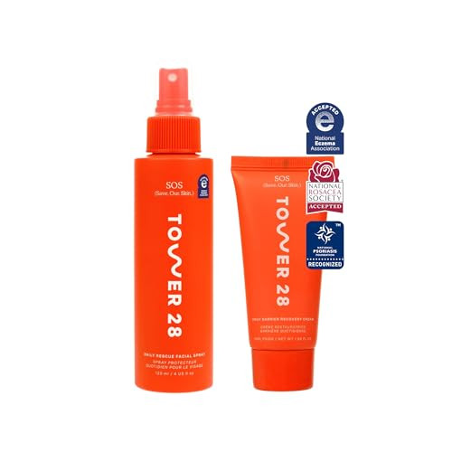 Tower 28 Sos Skin Care Set Facial Spray plus Barrier Recovery Cream Hypochlorous Acid Spray To Calm Irritation plus Redness plus Hydrating Face Moisturizer With Hyaluronic Acid 4 Oz 1.86 Oz 2 Count