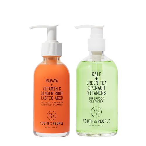 Youth To The People Supercharged Cleansing Duo Bestselling Superfood Kale plus Green Tea Face Wash Superfruit Papaya plus Vitamin C Gentle Exfoliating Cleanser Vegan 8Oz 5Oz