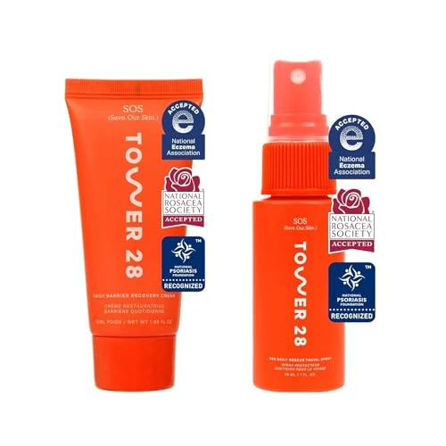Tower 28 Sos Skin Care Set Facial Spray plus Barrier Recovery Cream Hypochlorous Acid Spray To Calm Irritation plus Redness plus Hydrating Face Moisturizer With Hyaluronic Acid 1 Oz 1.86 Oz 2 Count