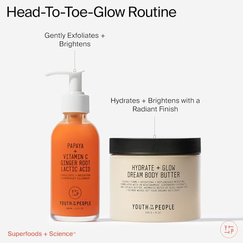 Youth To The People Headtotoe Glow Routine Superfruit Papaya plus Vitamin C Gentle Exfoliating Face Cleanser plus Dream Body Butter 5Oz 8Oz