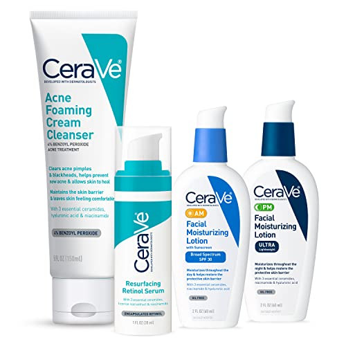 Cerave Acne Skin Care Set Foaming Cleanser plus Retinol Serum plus Amandpm Lotion5Oz Acne Foaming Cream Cleanser plus Resurfacing Retinol Serum plus Am Spf 30 Lotion plus Pm Facial Moisturizing Lotion 1Oz 2Oz 2Oz