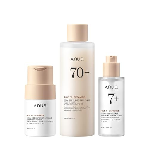 Anua Rice Skin Care Set Cleansing Powder Face Wash Milky Toner And Hydrating Serum With Ceramide Hyaluronic Acid Hydration And Skin Barrier Repair For Glow Skin Noncomedogenic Korean Skincare