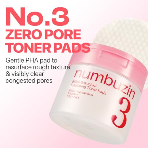 Numbuzin No.3 Bifida Bakuchiol Exfoliating Toner Pads Pha plus Lha Pore Care Dualsided Pads For Blackheads And Whiteheads Gentle For Sensitive Skin 6.42 Fl Oz