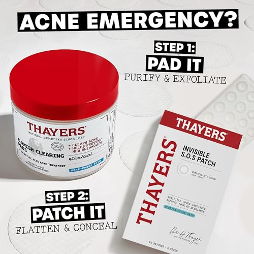 Thayers Blemish Clearing Acne Pads Salicylic Acid Acne Treatment Pore Reducing Exfoliating And Soothing Toner Pads plus Invisible S.O.S Hydrocolloid Acne Pimple Patch Ultrathin 22 Patches 60 Ct