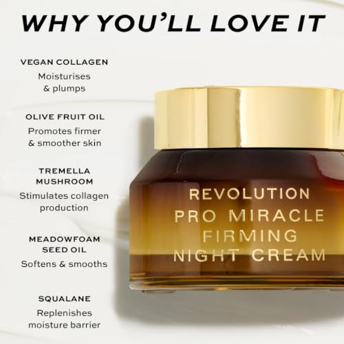 Revolution Beauty London Revolution Pro Miracle Vegan Collagen Night Cream hydrating Moisturizer Smooths And Firms Skin With Vegan Collagen And Squalene Vegan And Crueltyfree 1.69 Fl Oz