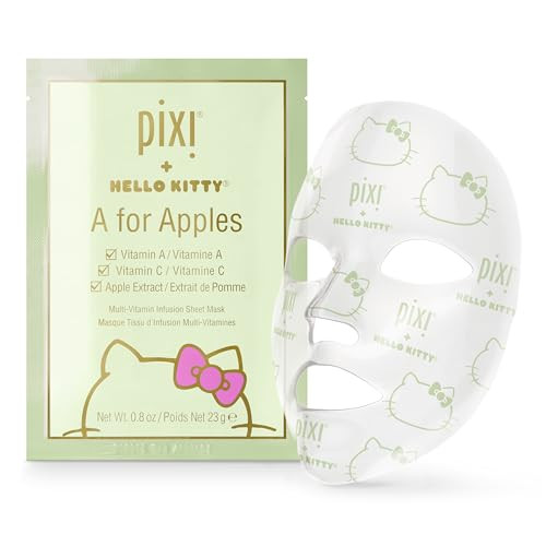 Pixi plus Hello Kitty A For Apples Sheet Mask Instantly Hydrating And Brightening Facial Mask Infused With Vitamin A Vitamin C And Apple Extract 3 Masks Per Box 3 X 23 Gm 0.8 Oz
