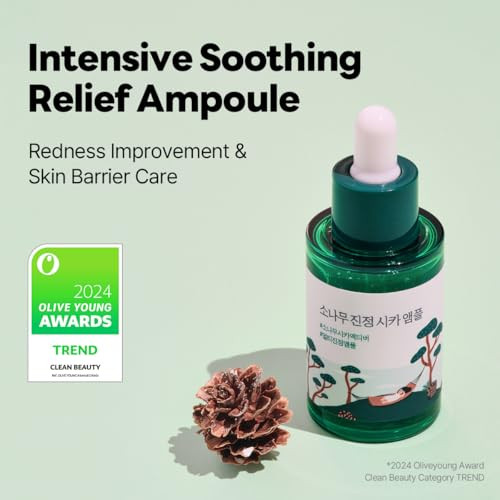 Round Lab Pine Calming Cica Ampoule Hydrating And Soothing Serum With Pine Cica And Hyaluronic Acid Hyaluronic Acid Skin Barrier Strengthening Gentle Exfoliation Korean Skin Care 1.01 Fl Oz